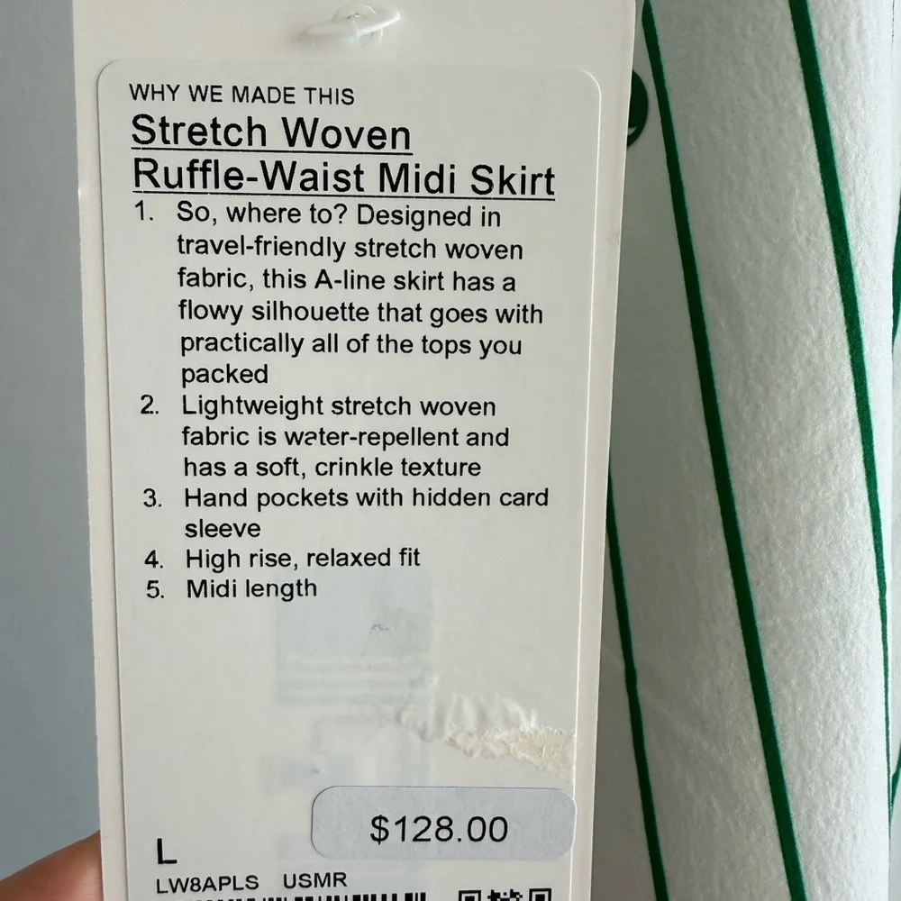Lululemon Stretch Woven Ruffle-Waist Midi Skirt Size L Green Stripe NWT LW8APLS